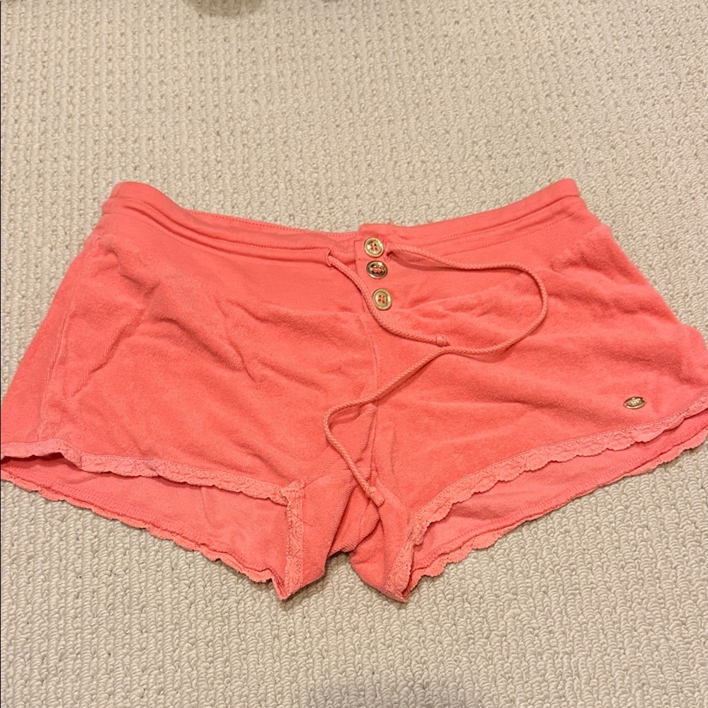 Juicy Couture Coral Terry Cloth Shorts with Button and Lace Trim Detail sz small